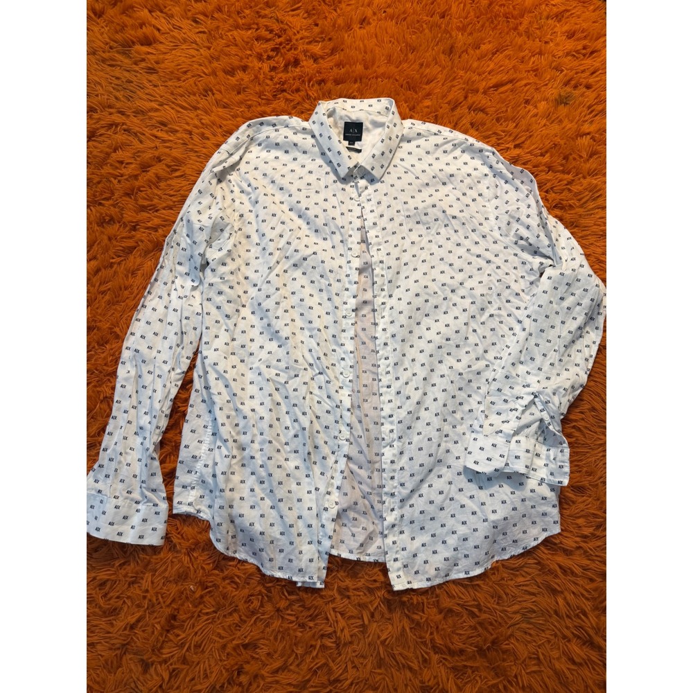 Armani Exchange Mens XXL Regular Fit White Navy AIX Logo Print Button Down Shirt - Picture 1 of 2